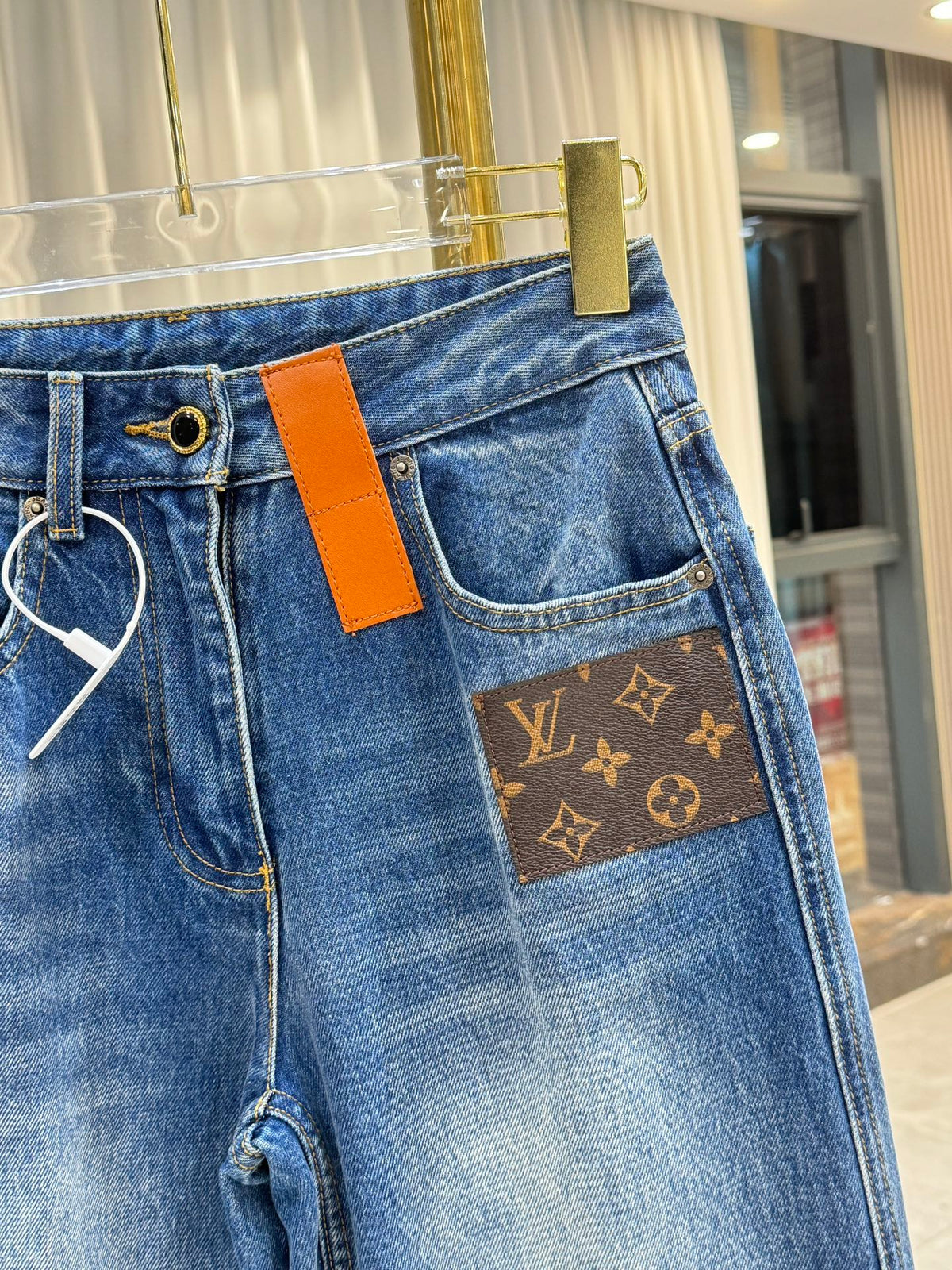 Straight Leg Denim Jeans With Leather Patch